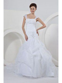 Satin and Organza Square Court Train Ball Gown Wedding Dress with Embroidered