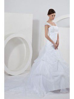 Satin and Organza Square Court Train Ball Gown Wedding Dress with Embroidered