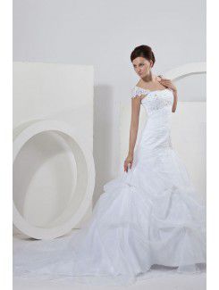 Satin and Organza Square Court Train Ball Gown Wedding Dress with Embroidered