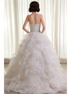 Organza Sweetheart Cathedral Train Ball Gown Wedding Dress with Beading and Ruffle