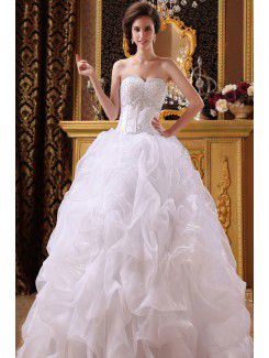 Satin and Organza Sweetheart Floor Length Ball Gown Wedding Dress with Beading and Ruched