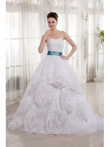 Organza Sweetheart Court Train Ball Gown Wedding Dress with Embroidered