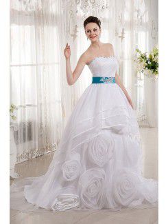 Organza Sweetheart Court Train Ball Gown Wedding Dress with Embroidered