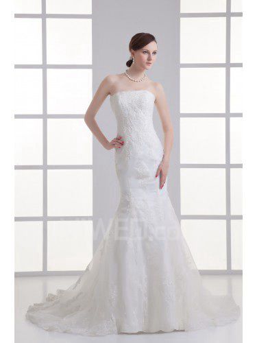 Satin and Net Strapless Mermaid Sweep train Embroidered Wedding Dress