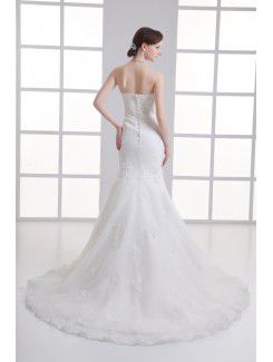 Satin and Net Strapless Mermaid Sweep train Embroidered Wedding Dress