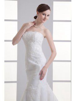 Satin and Net Strapless Mermaid Sweep train Embroidered Wedding Dress