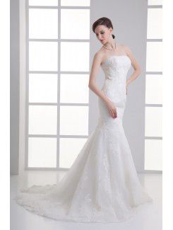 Satin and Net Strapless Mermaid Sweep train Embroidered Wedding Dress