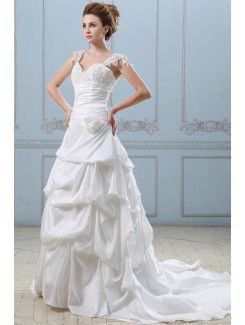 Taffeta and Lace Sweetheart Chapel Train Ball Gown Wedding Dress with Embroidered