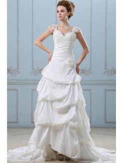 Taffeta and Lace Sweetheart Chapel Train Ball Gown Wedding Dress with Embroidered