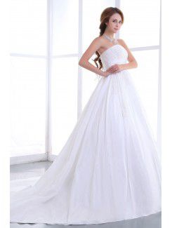 Satin Strapless Cathedral Train A-Line Wedding Dress with Beading and Pleat