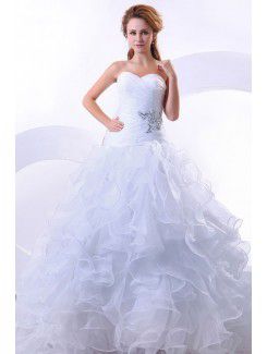 Organza Sweetheart Chapel Train Ball Gown Wedding Dress with Rhinestones and Ruched