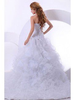 Organza Sweetheart Chapel Train Ball Gown Wedding Dress with Rhinestones and Ruched