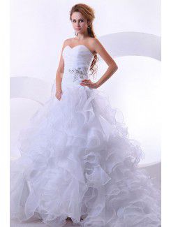 Organza Sweetheart Chapel Train Ball Gown Wedding Dress with Rhinestones and Ruched