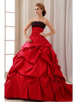 Satin and Lace Strapless Chapel Train Ball Gown Wedding Dress with Ruffle