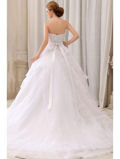 Organza and Lace Sweetheart Court Train Ball Gown Wedding Dress