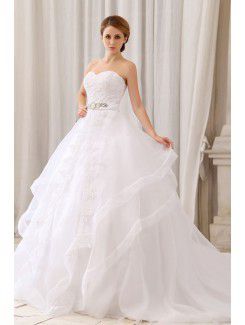 Organza and Lace Sweetheart Court Train Ball Gown Wedding Dress