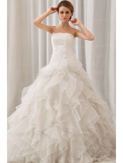 Organza e pizzo senza spalline treno spazzare abito da sposa a-line