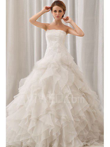 Organza and Lace Strapless Sweep Train A-line Wedding Dress