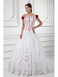 Satin stroppeløs ball kjole gulv lengde brodert og håndlagde blomster brudekjole
