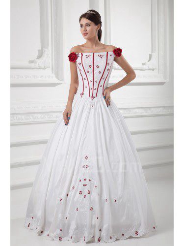 Satin Strapless Ball Gown Floor Length Embroidered and Hand-made Flowers Wedding Dress