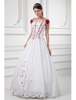 Satin Strapless Ball Gown Floor Length Embroidered and Hand-made Flowers Wedding Dress