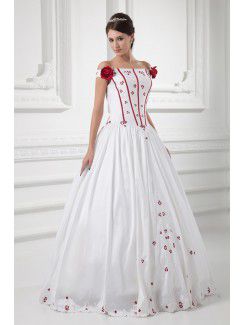 Satin Strapless Ball Gown Floor Length Embroidered and Hand-made Flowers Wedding Dress