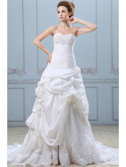 Taffeta and Lace Sweetheart Chapel Train A-line Wedding Dress with Embroidered