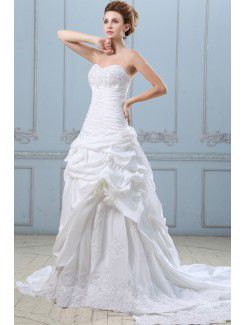 Taffeta and Lace Sweetheart Chapel Train A-line Wedding Dress with Embroidered