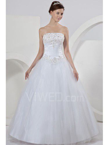 Tulle Strapless Chapel Train Ball Gown Wedding Dress with Embroidered