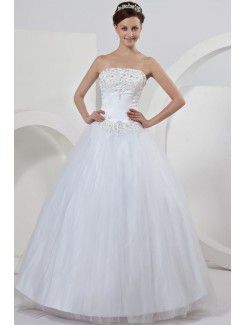 Tulle Strapless Chapel Train Ball Gown Wedding Dress with Embroidered