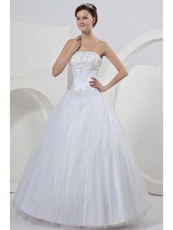 Tulle Strapless Chapel Train Ball Gown Wedding Dress with Embroidered