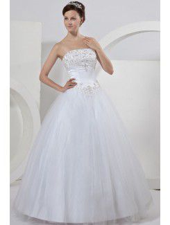 Tulle Strapless Chapel Train Ball Gown Wedding Dress with Embroidered