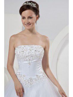 Tulle Strapless Chapel Train Ball Gown Wedding Dress with Embroidered