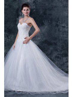 Tulle and Satin Sweetheart Chapel Train Ball Gown Wedding Dress