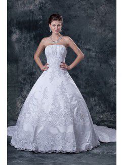 Satin Strapless Floor Length Ball Gown Wedding Dress with Beading and Ruffle