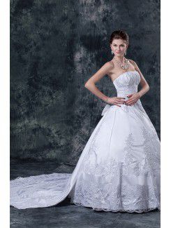 Satin Strapless Floor Length Ball Gown Wedding Dress with Beading and Ruffle