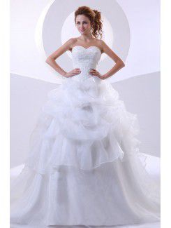 Organza cariño capilla tren vestido de bola vestido de novia con rebordear y volante