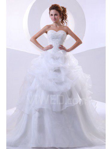 Organza querida capela trem de bola vestido de casamento vestido com beading e plissado