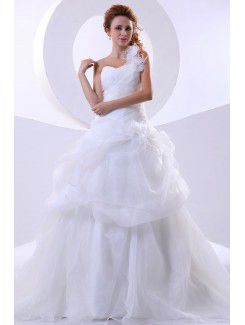 Organza One-Shoulder Court Train Ball Gown Wedding Dress