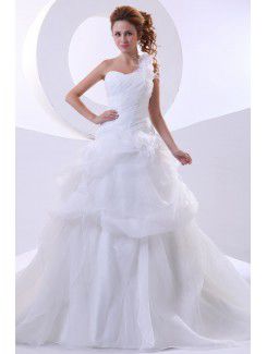 Organza One-Shoulder Court Train Ball Gown Wedding Dress