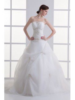 Vestido de bola de la longitud del piso del vestido de boda bordado sin tirantes de organza