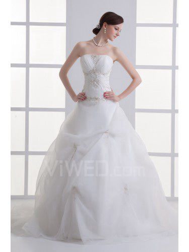 Organza Strapless Ball Gown Floor Length Embroidered Wedding Dress