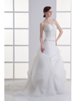 Organza Strapless Ball Gown Floor Length Embroidered Wedding Dress