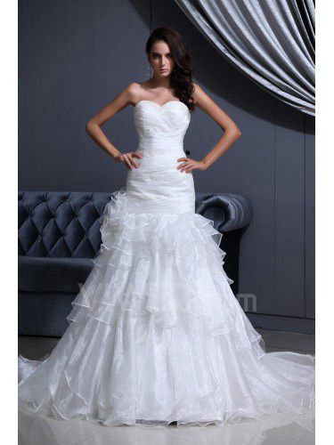 Tulle Sweetheart Cathedral Train Mermaid Wedding Dress with Beading Ruffle