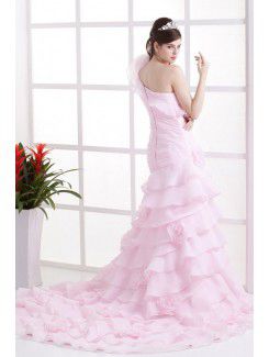 Organza One-Shoulder Cathedral Train A-Line Wedding Dress with Ruffle Flowers