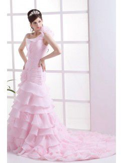 Organza One-Shoulder Cathedral Train A-Line Wedding Dress with Ruffle Flowers