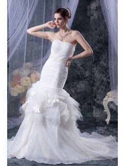 Tulle Satin Strapless Cathedral Train Mermaid Wedding Dress with Sequins Ruffle