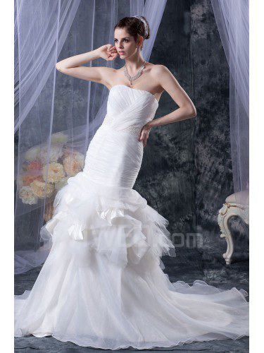 Tulle senza spalline in raso cattedrale treno abito da sposa sirena con paillettes volant