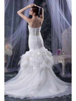 Tulle Satin Strapless Cathedral Train Mermaid Wedding Dress with Sequins Ruffle