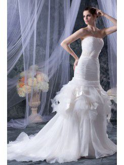 Tulle Satin Strapless Cathedral Train Mermaid Wedding Dress with Sequins Ruffle